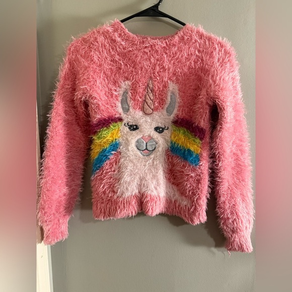 Cozy Pink and White Llama Sweater with Rainbow Accents - Picture 1 of 7